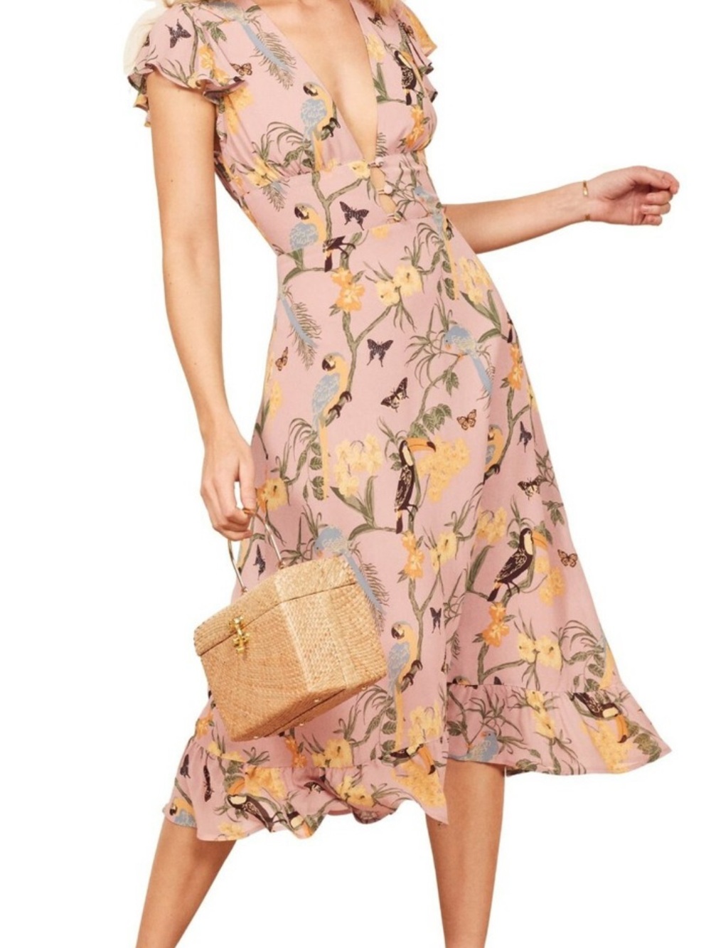 Reformation Pink Floral V-Neck Midi Dress